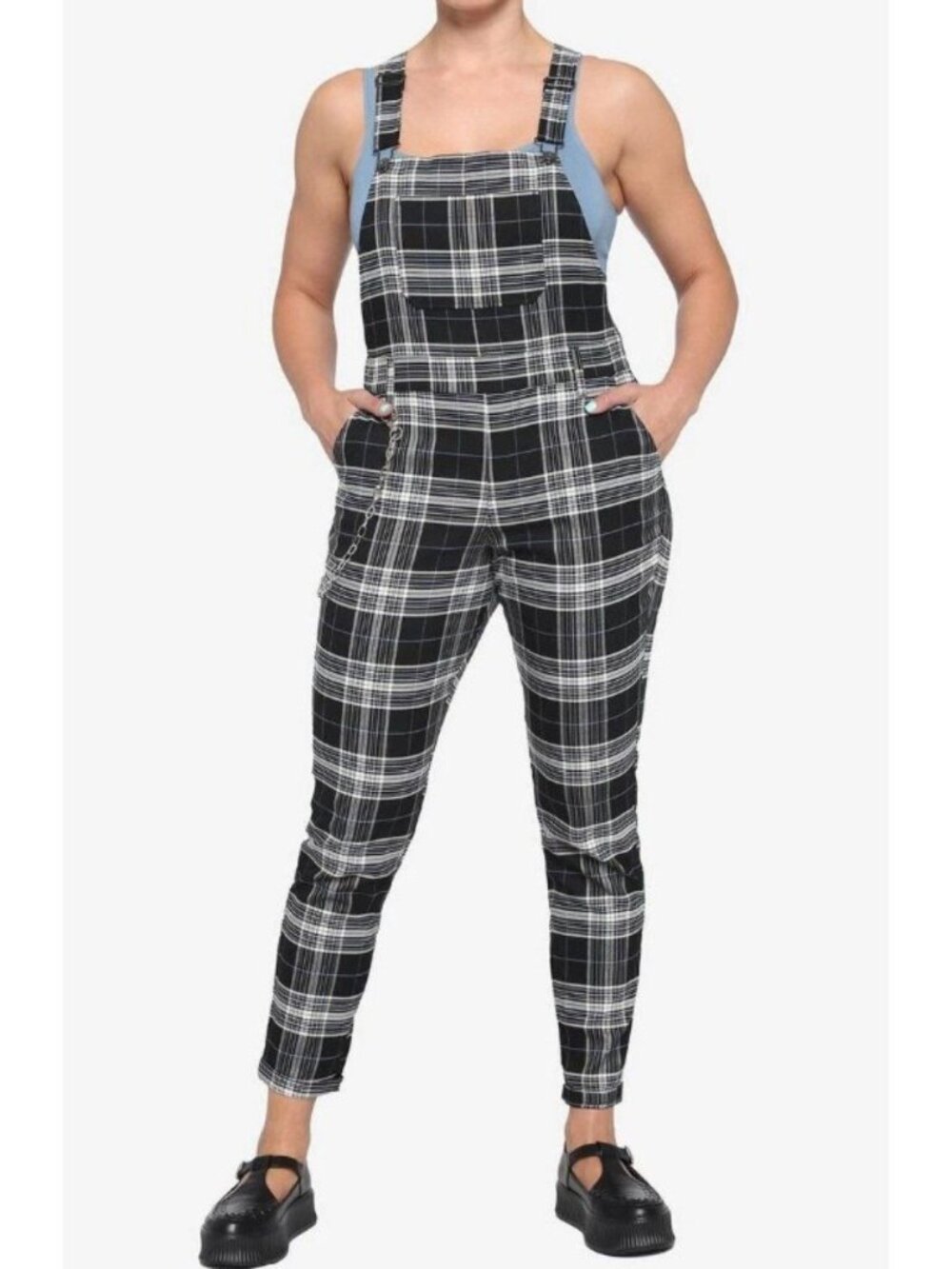 HOT TOPIC Black Plaid Sz Medium Academia Grunge Goth Punk Emo Fitted Overalls